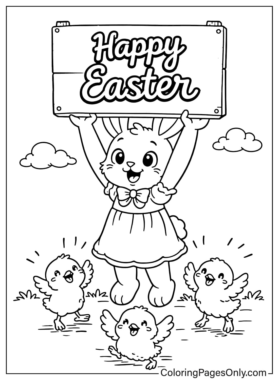 Happy Easter Bunny holding a Happy Easter sign while baby chicks jump below coloring page from Easter Bunny
