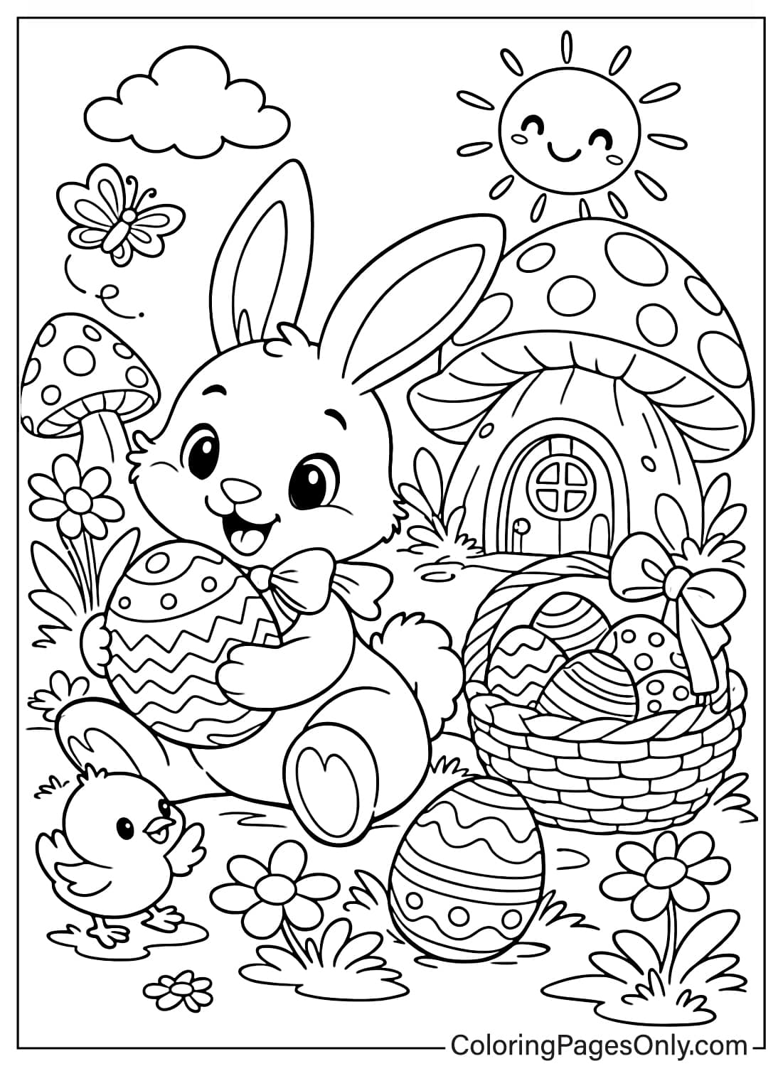 Happy Easter Bunny holding an Easter egg near a mushroom house coloring page from Easter Bunny