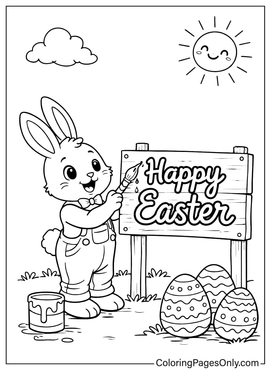 Cute Easter Bunny painting a Happy Easter sign on a wooden board coloring page from Easter Bunny