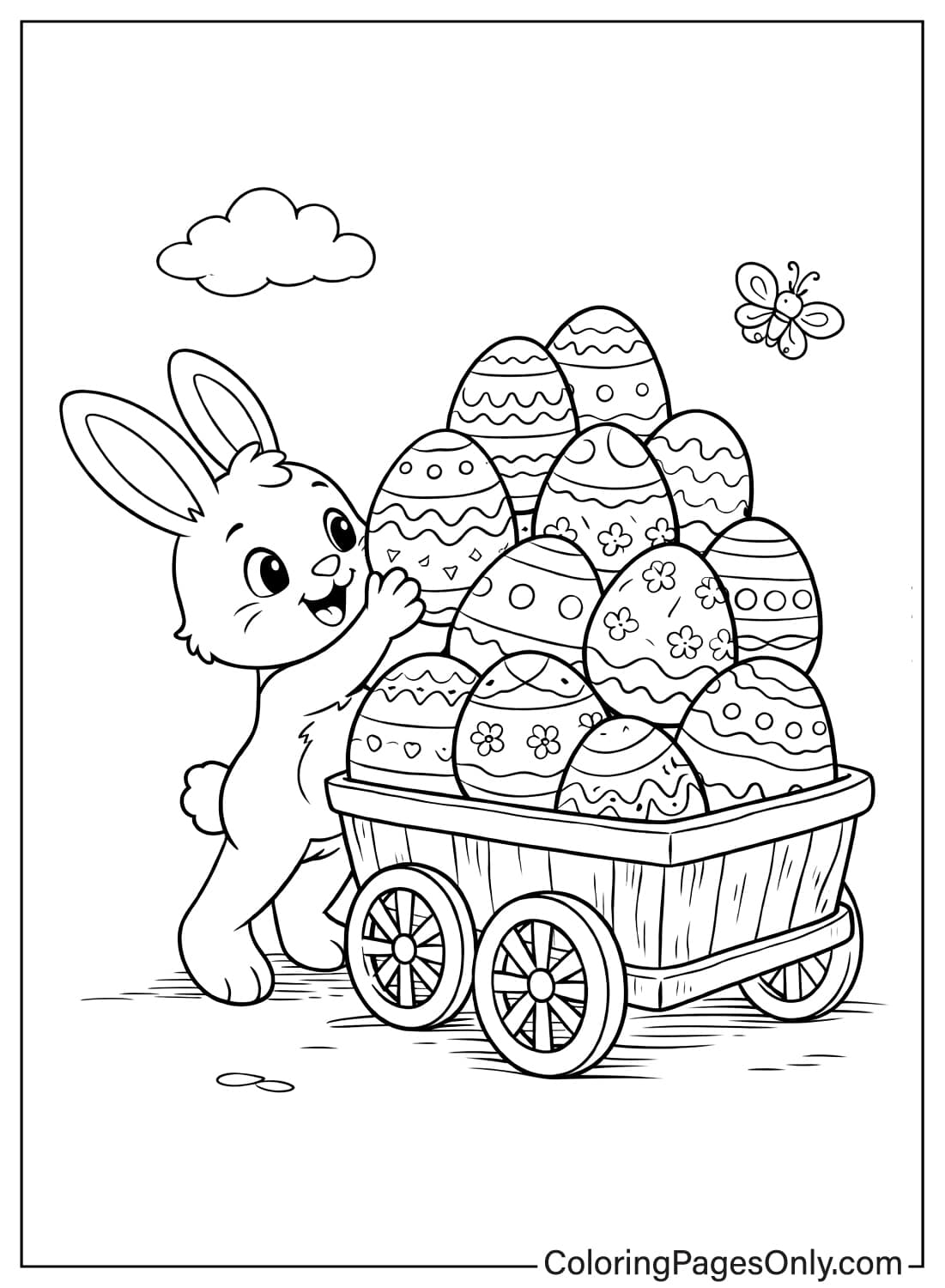 Cute Easter Bunny pushing a cart full of decorated Easter eggs coloring page from Easter Bunny