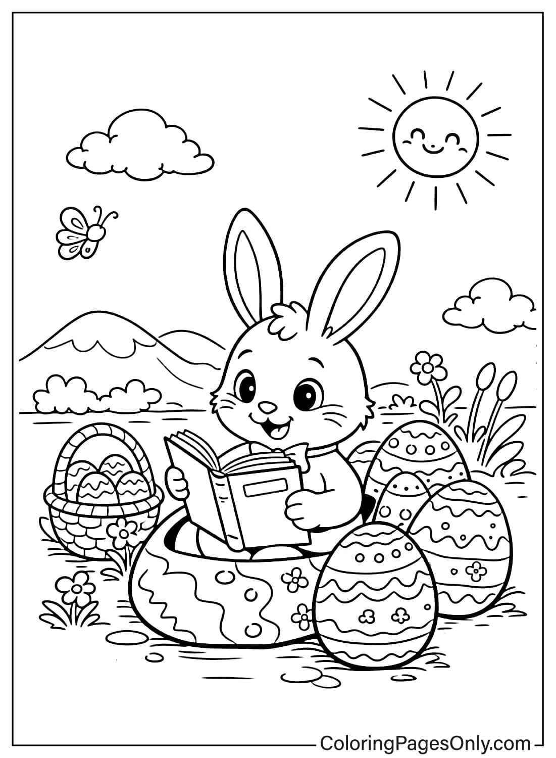 Cute Easter Bunny reading a book surrounded by Easter eggs coloring page from Easter Bunny