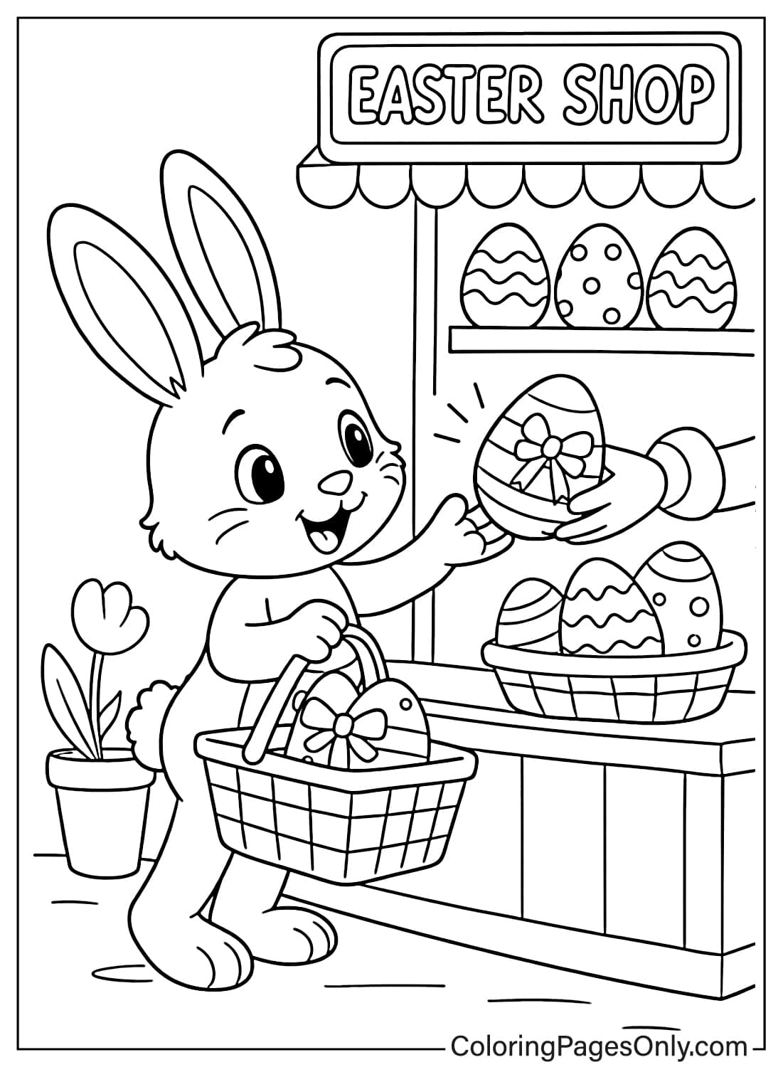 Easter Bunny buying decorated eggs at an Easter shop coloring page from Easter Bunny