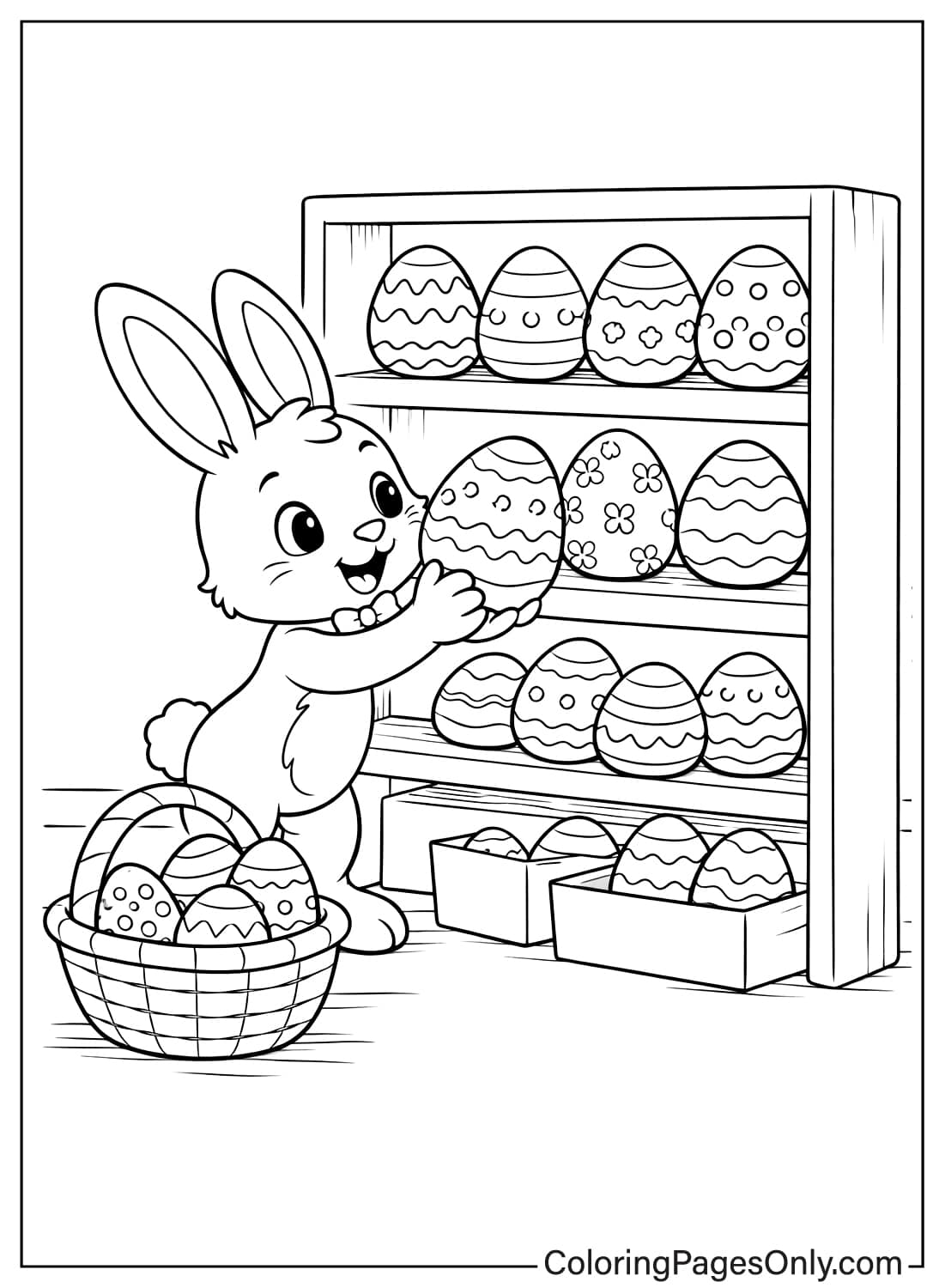 Easter Bunny placing decorated Easter eggs on a shelf coloring page from Easter Bunny