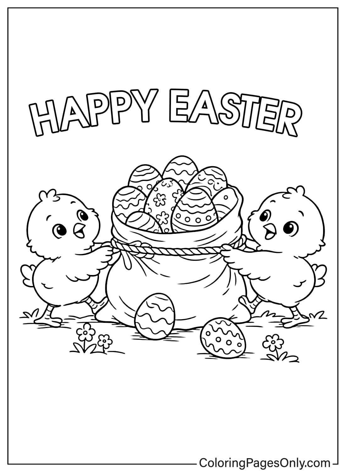 Cute chicks pulling a sack full of Easter eggs coloring page from Easter Eggs