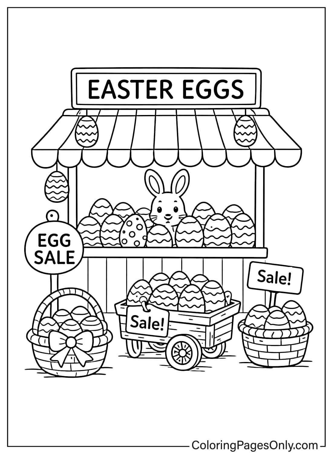 Cute bunny selling decorated Easter eggs at a market stand coloring page from Easter Eggs