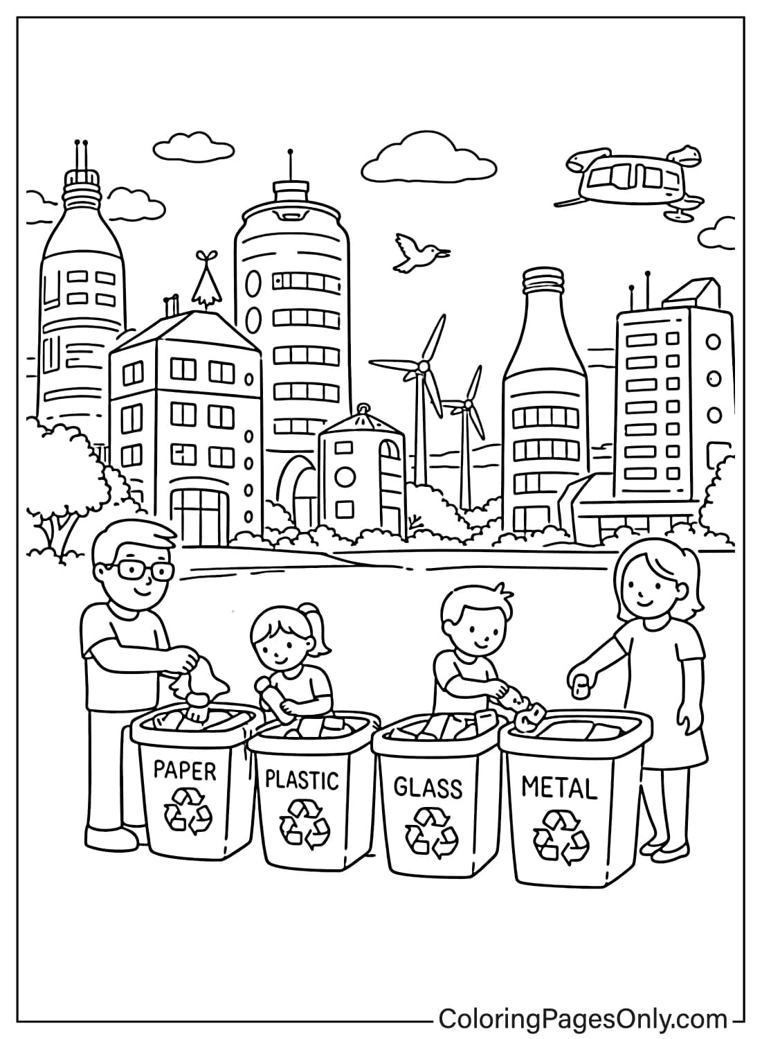 Kids sorting paper plastic glass and metal in recycling bins with eco city background coloring page from Recycling