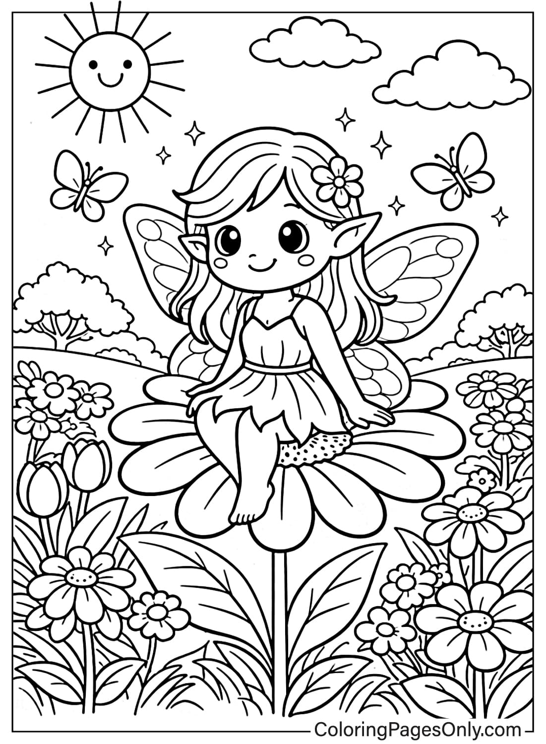 Spring Coloring Pages Fairy Sitting On Big Flower from Spring