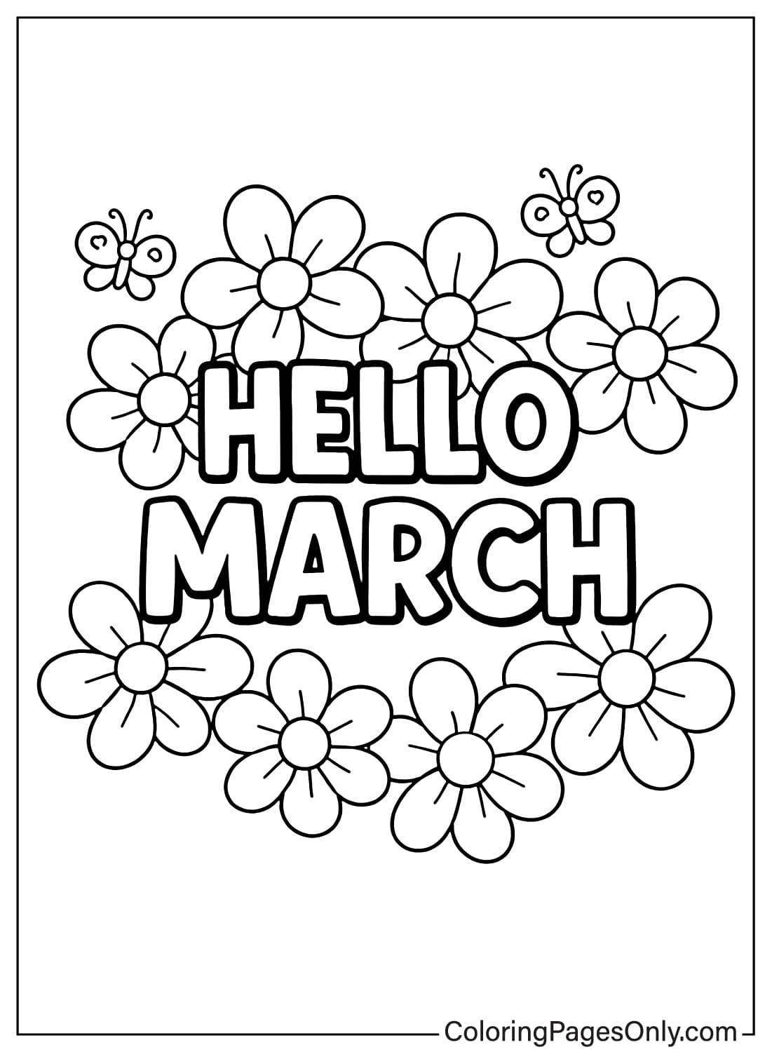 Hello March With Flowers And Butterflies March Coloring Pages from March 2026