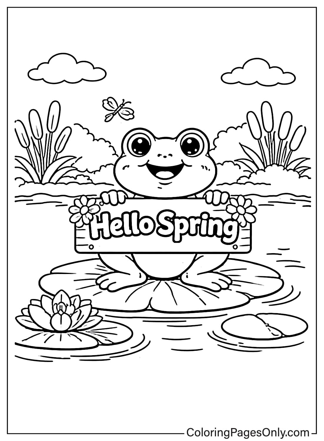 Spring Coloring Pages Frog Holding Hello Spring Sign from Spring