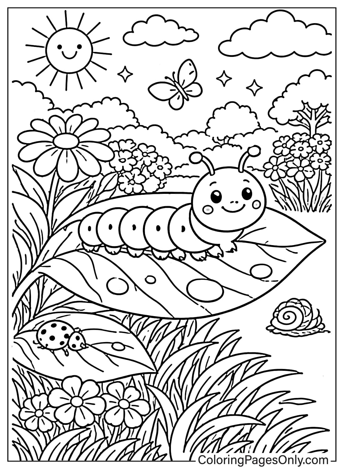 Spring Coloring Pages Caterpillar On Leaf In Flower Garden from Spring