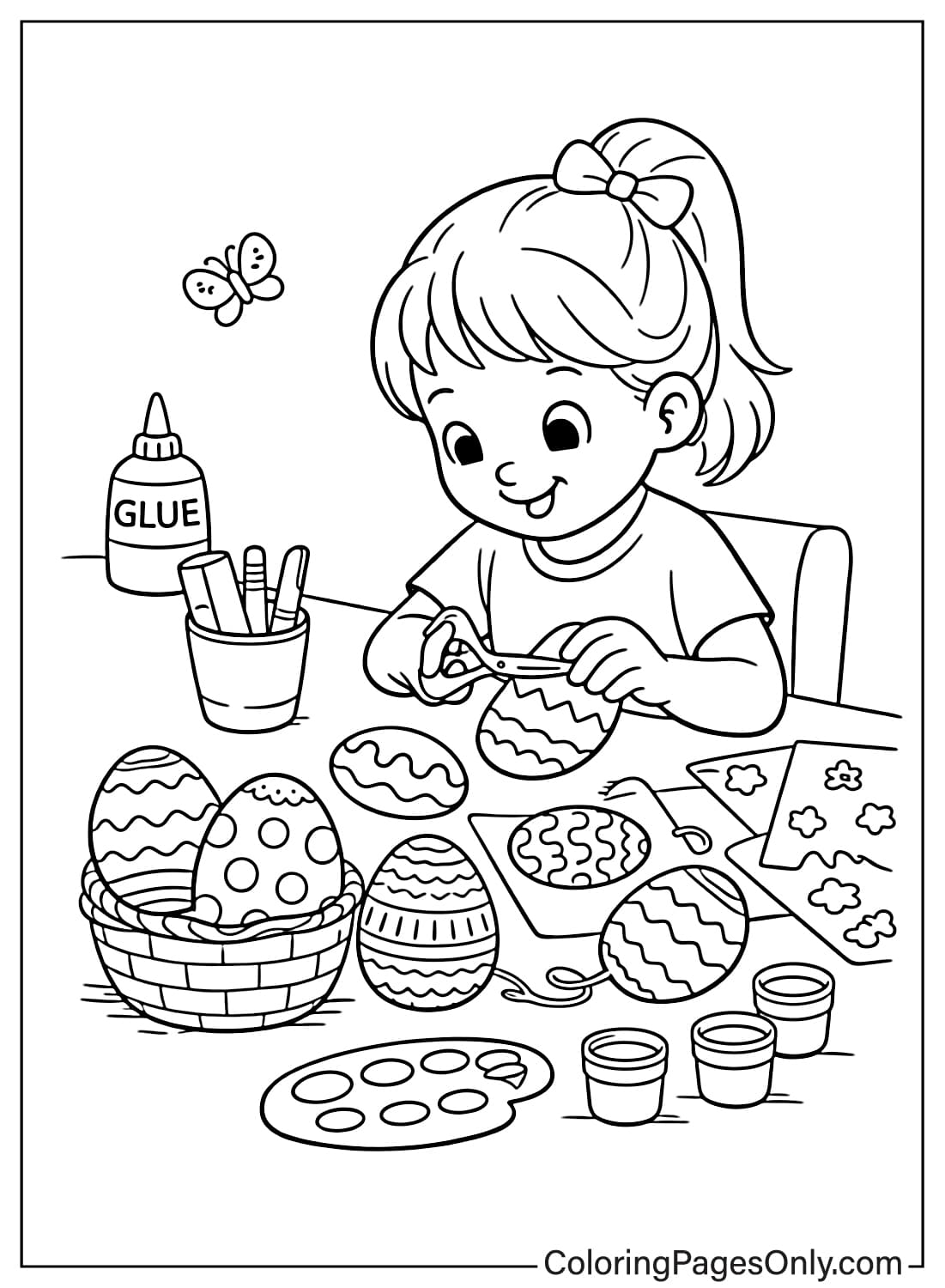Cute girl making Easter egg crafts with scissors and glue coloring page from Easter Eggs