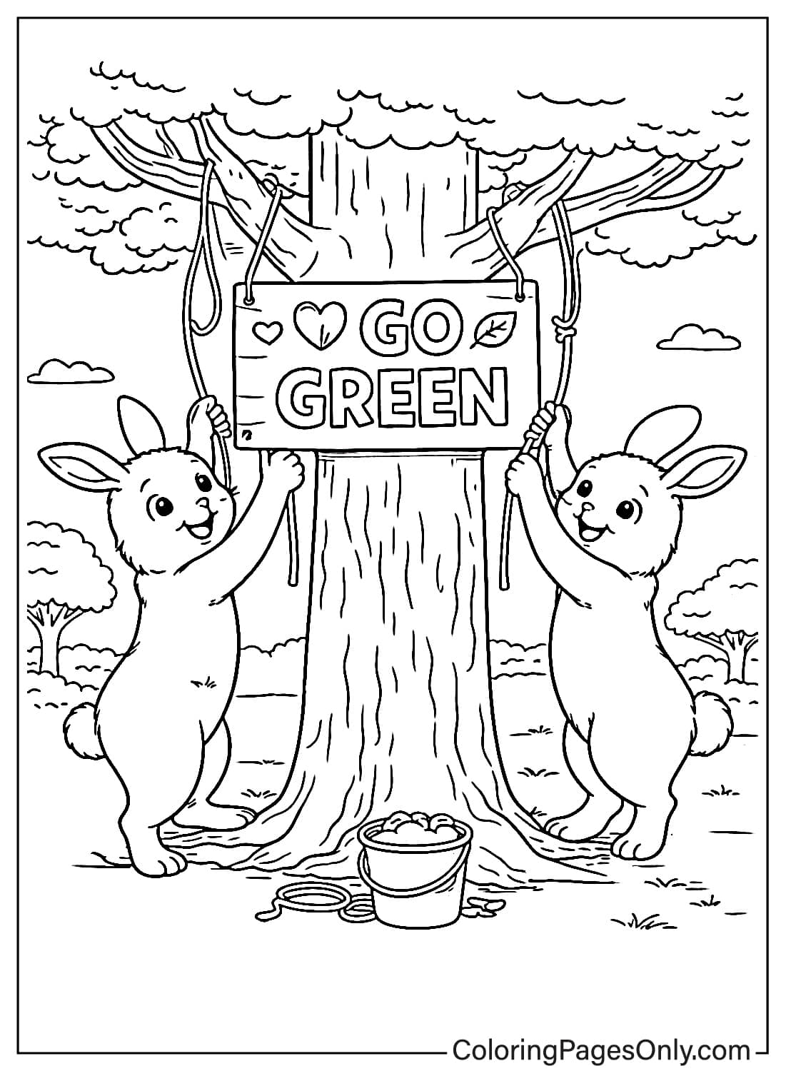 cute earth day bunny hanging go green sign on tree coloring page from Earth Day