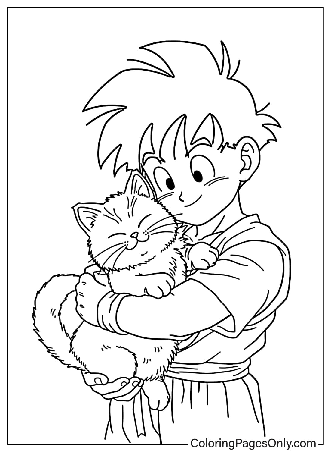 Cute Gohan holding a fluffy cat Dragon Ball Z coloring pages from Dragon Ball Z