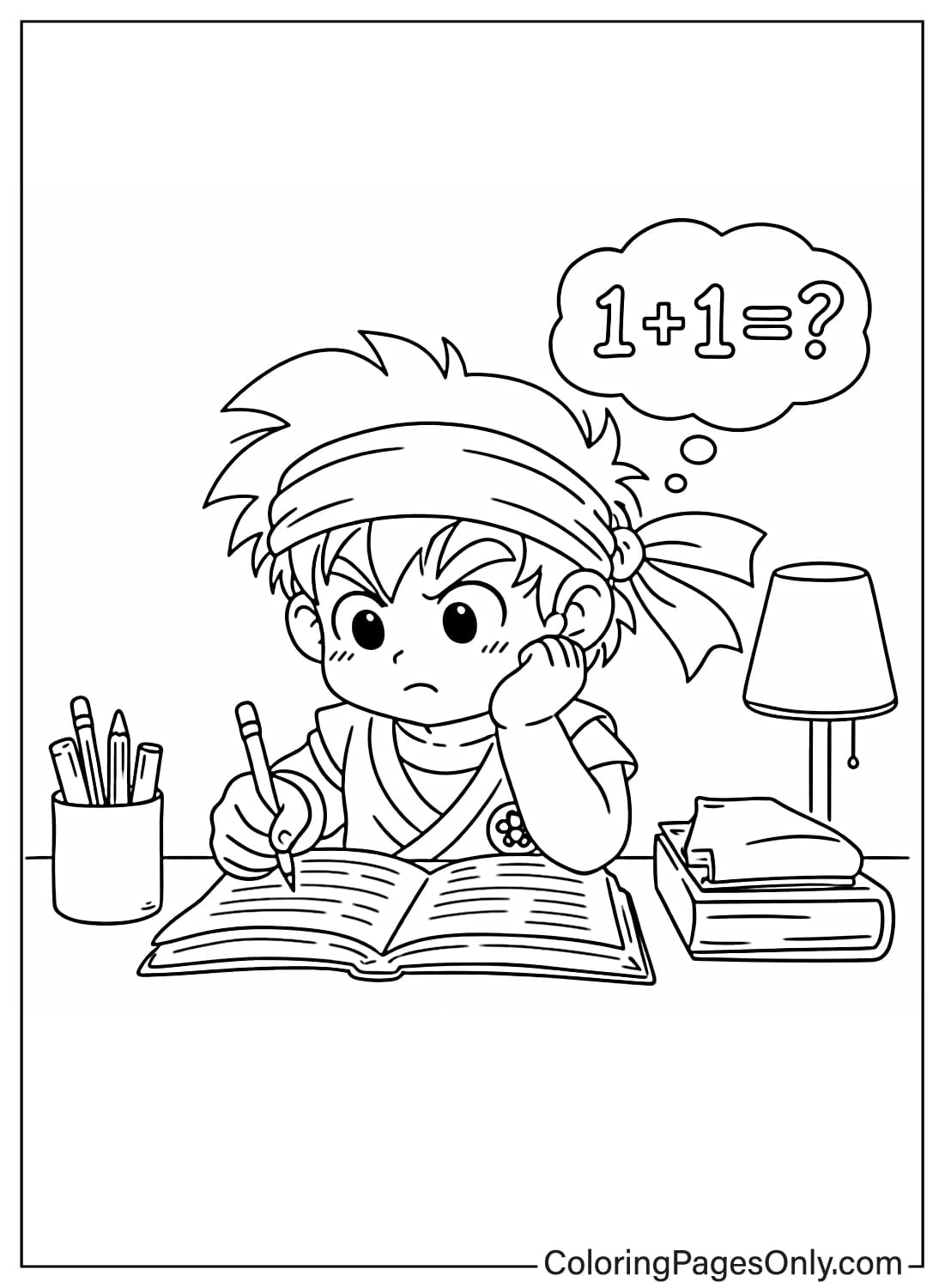 Gohan doing homework and thinking Dragon Ball Z coloring pages from Dragon Ball Z