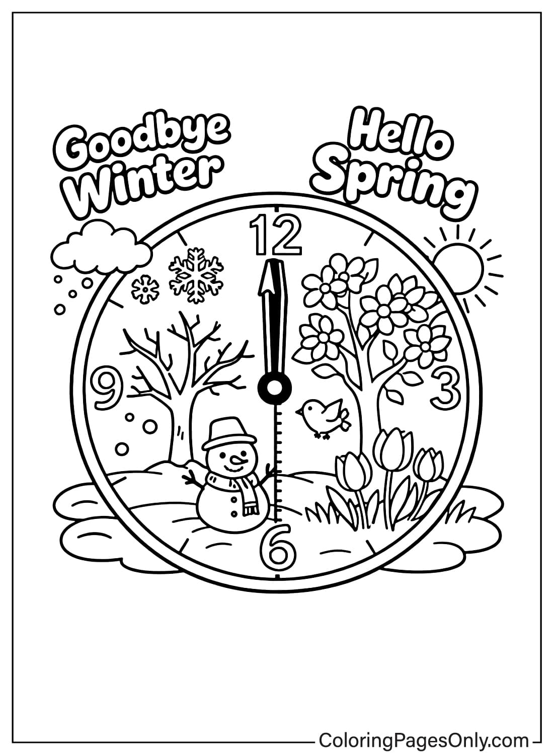 Goodbye Winter Hello Spring Clock March Coloring Pages from March 2026