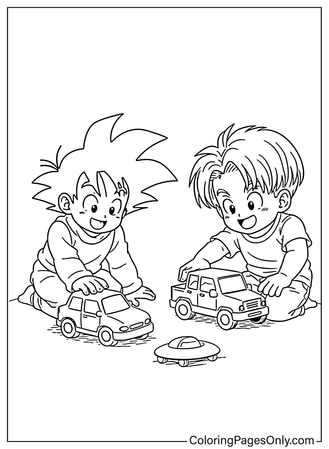 Goten and Trunks playing with toy cars Dragon Ball Z coloring pages from Dragon Ball Z