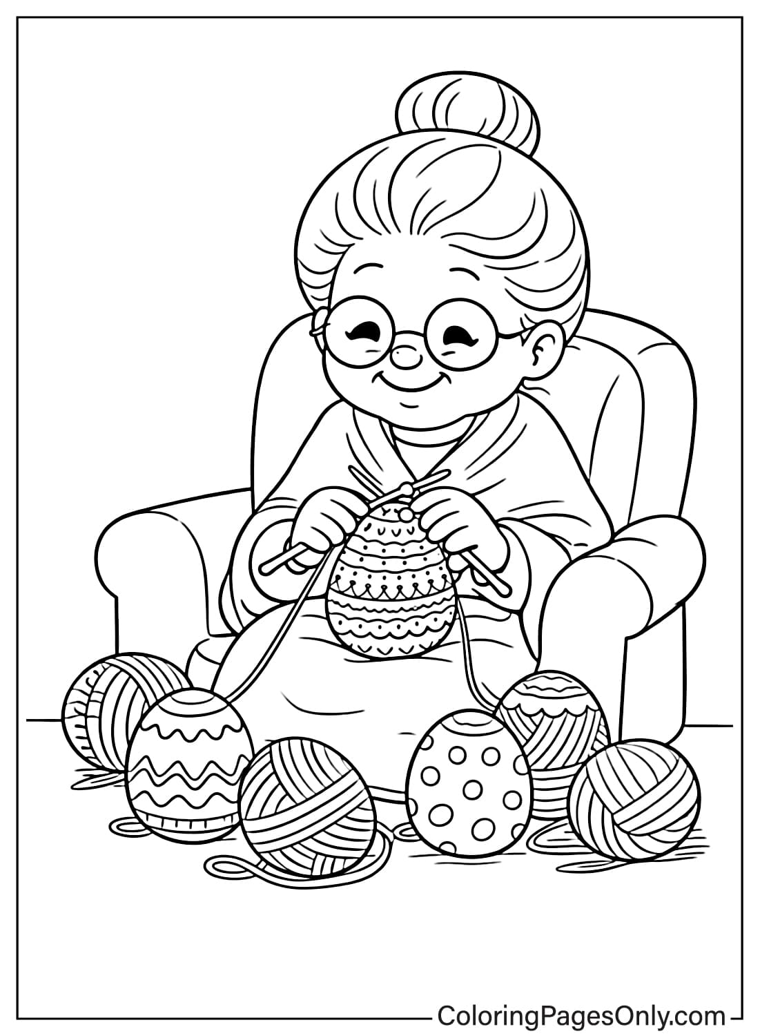 Grandmother knitting Easter egg decorations with yarn coloring page from Easter Eggs