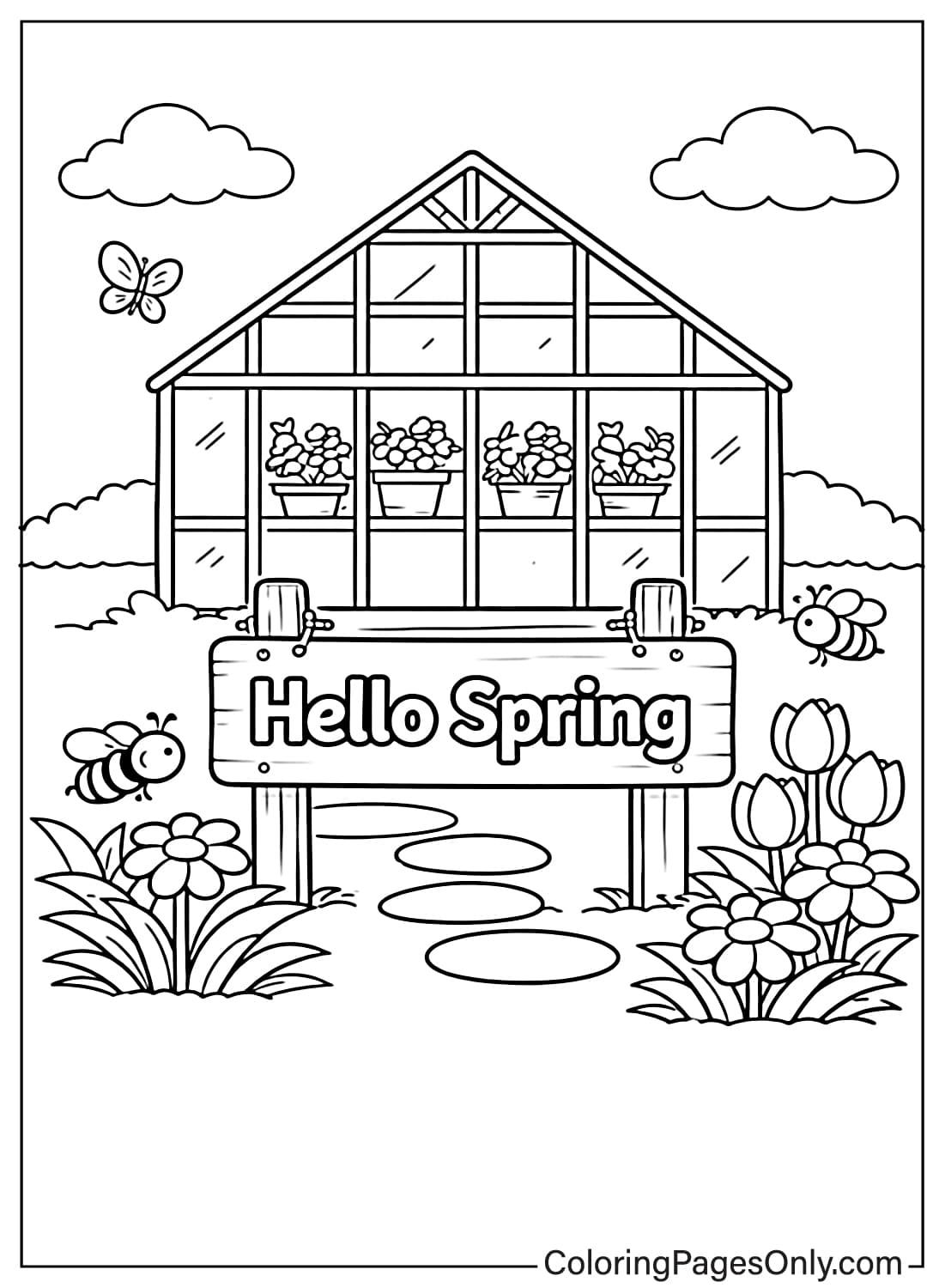 Spring Coloring Pages Greenhouse With Hello Spring Sign from Spring