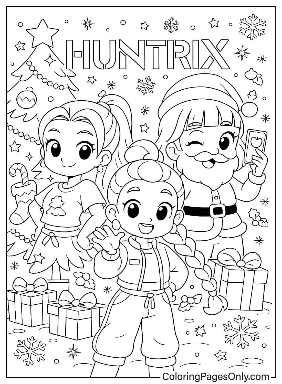 UNTR/X Christmas coloring page with Santa and two chibi characters from Kpop Demon Hunters