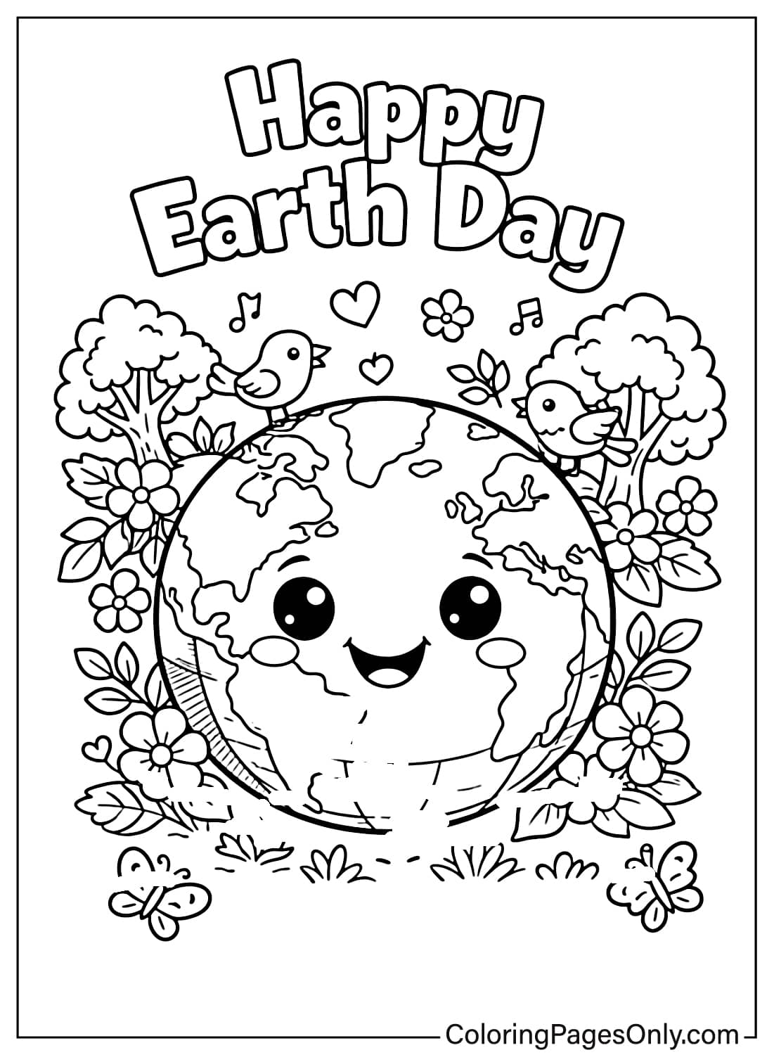 smiling earth with birds flowers happy earth day coloring page from Earth Day