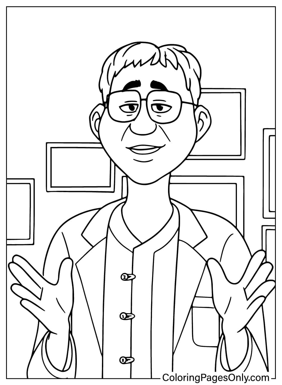 A male healer character from KPop Demon Hunters wearing glasses and a lab coat, smiling with open hands, against a wall with framed pictures from Kpop Demon Hunters