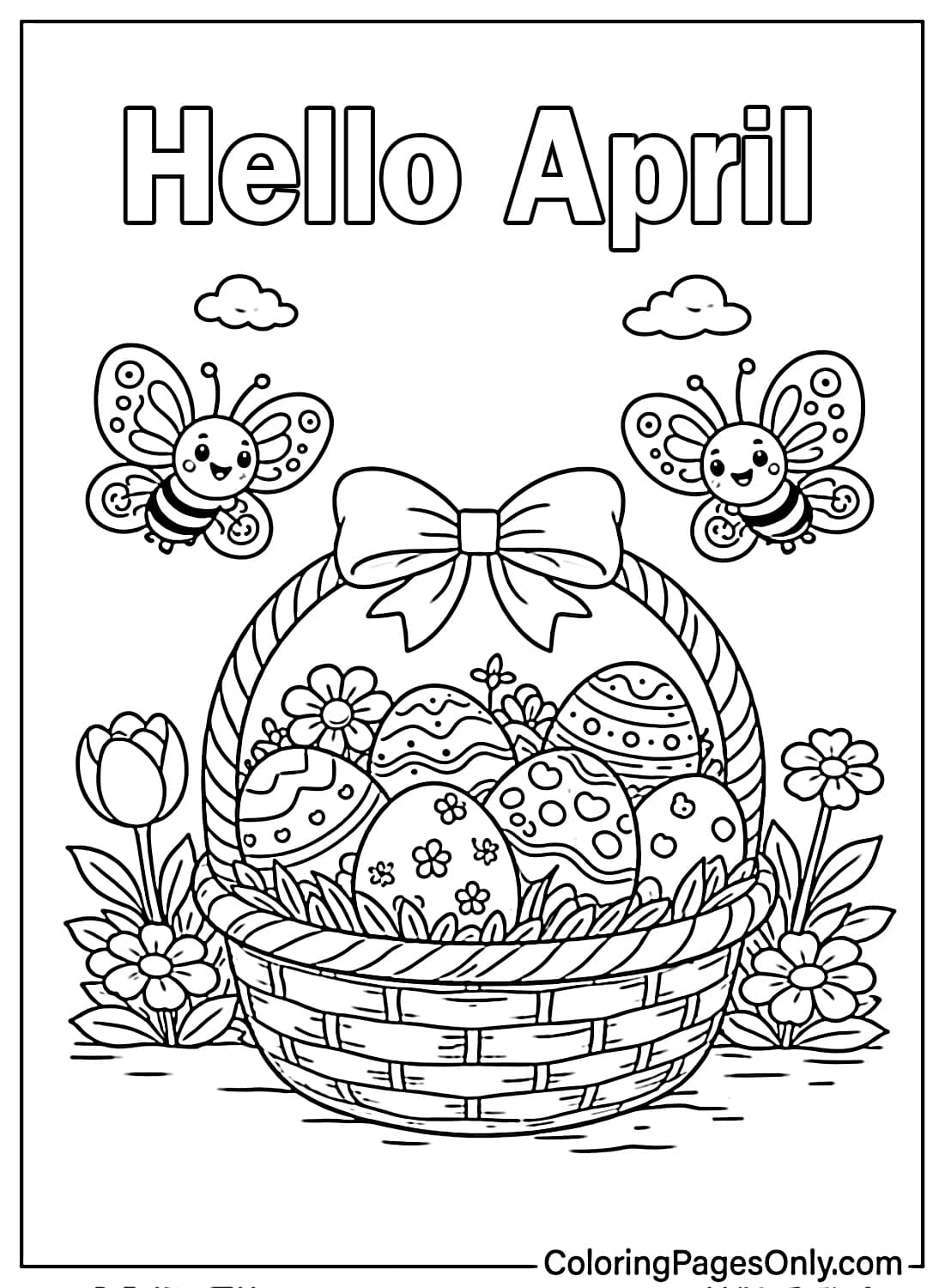 Easter egg basket with butterflies and flowers Hello April coloring page from April 2026