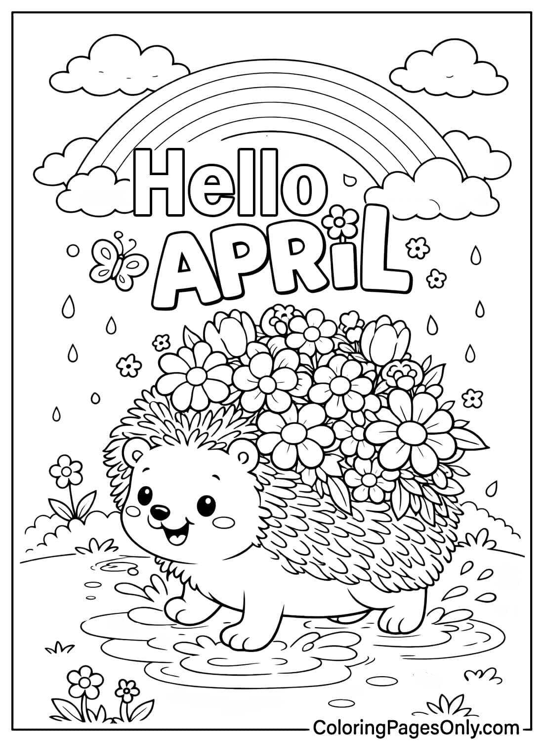 Cute hedgehog carrying spring flowers under rainbow Hello April coloring page from April 2026