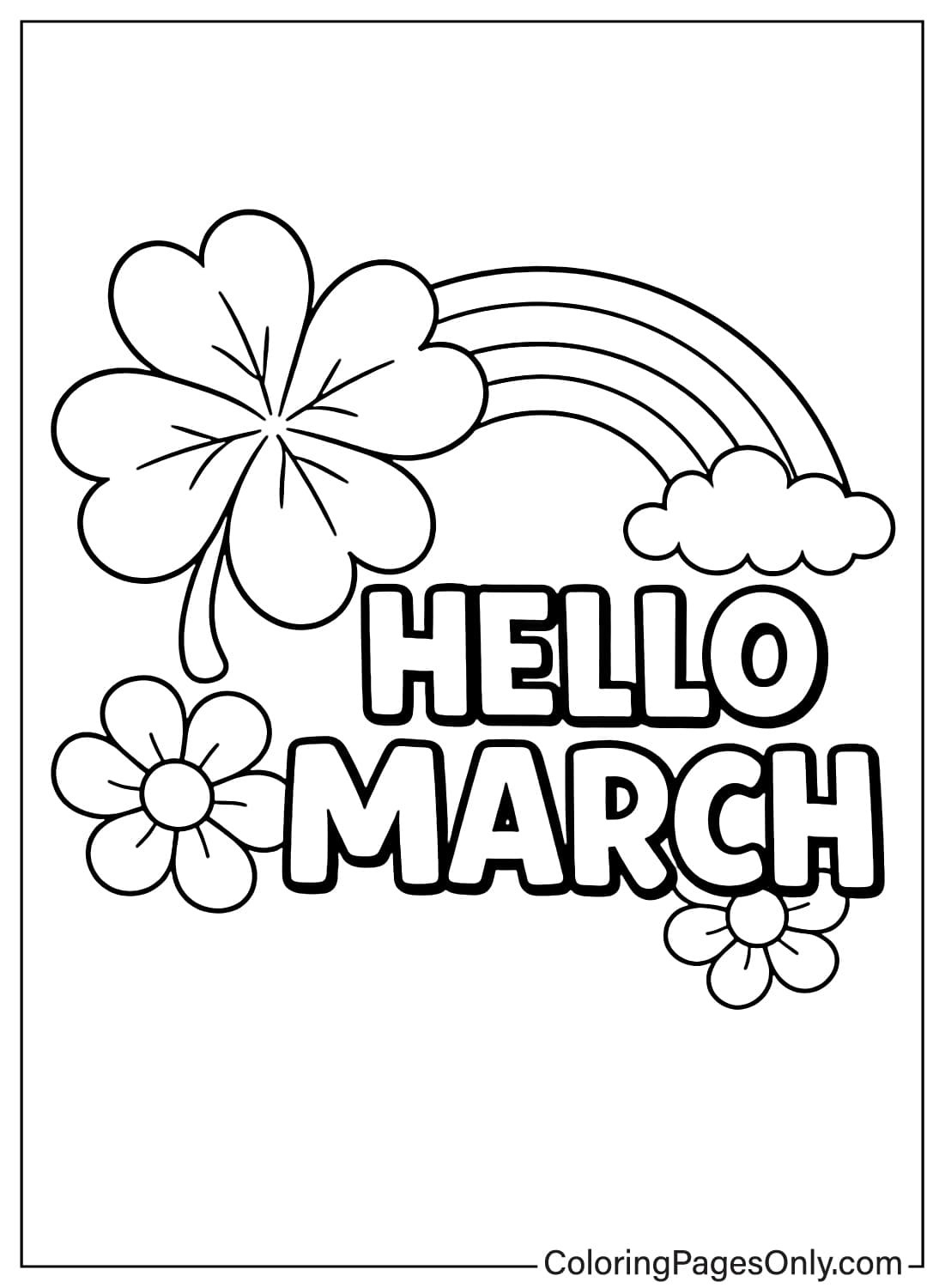 Hello March Clover With Rainbow March Coloring Pages from March 2026