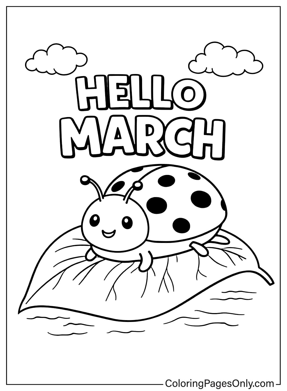 Hello March Ladybug On Leaf March Coloring Pages from March 2026