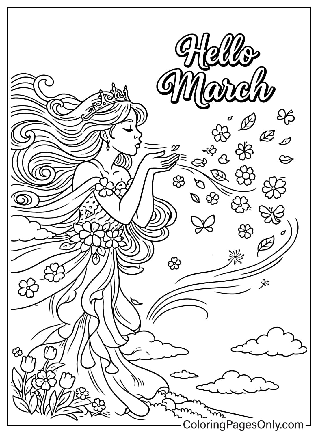 Hello March Spring Queen Blowing Flowers March Coloring Pages from March 2026
