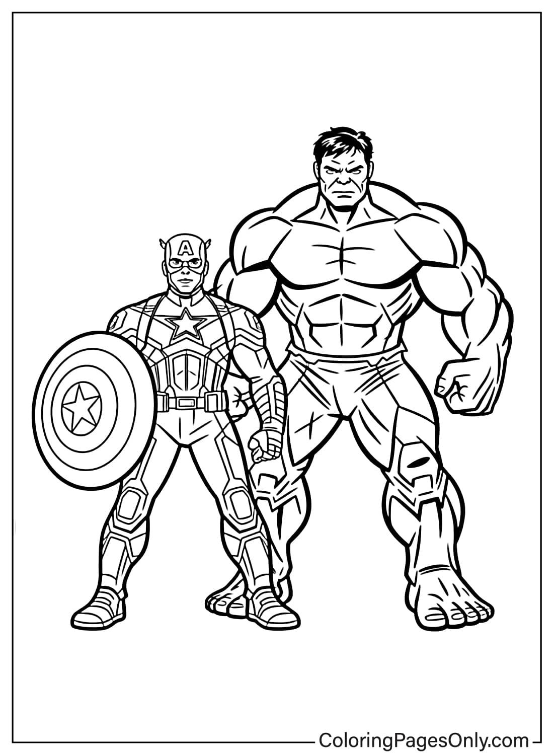 Avengers Coloring Pages Hulk and Captain America standing hero pose from Avengers