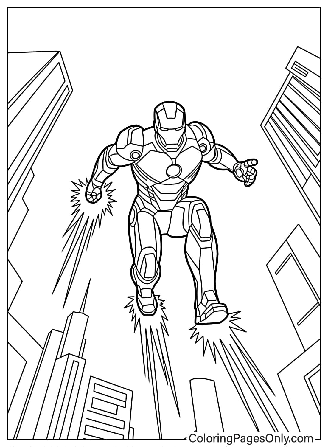 Iron Man Flying in the City Coloring Page from Iron Man