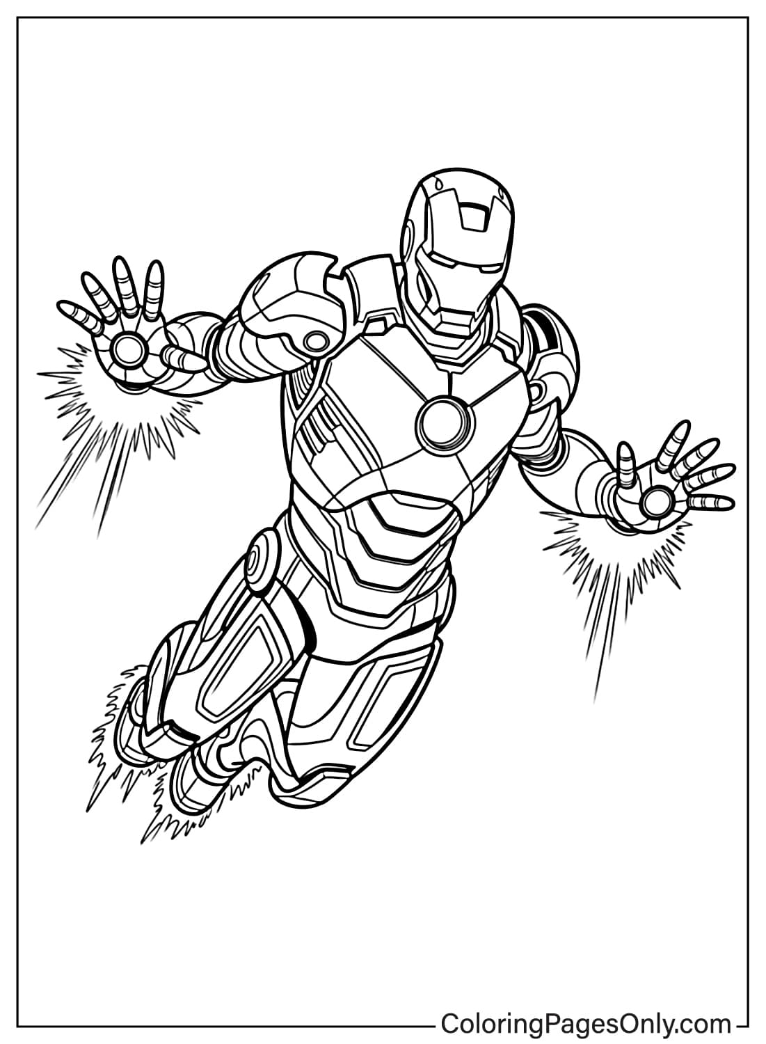 Iron Man coloring page of Iron Man flying with repulsor blasts from Iron Man