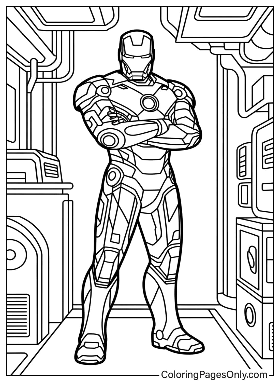 Iron Man Standing in Lab Coloring Page from Iron Man