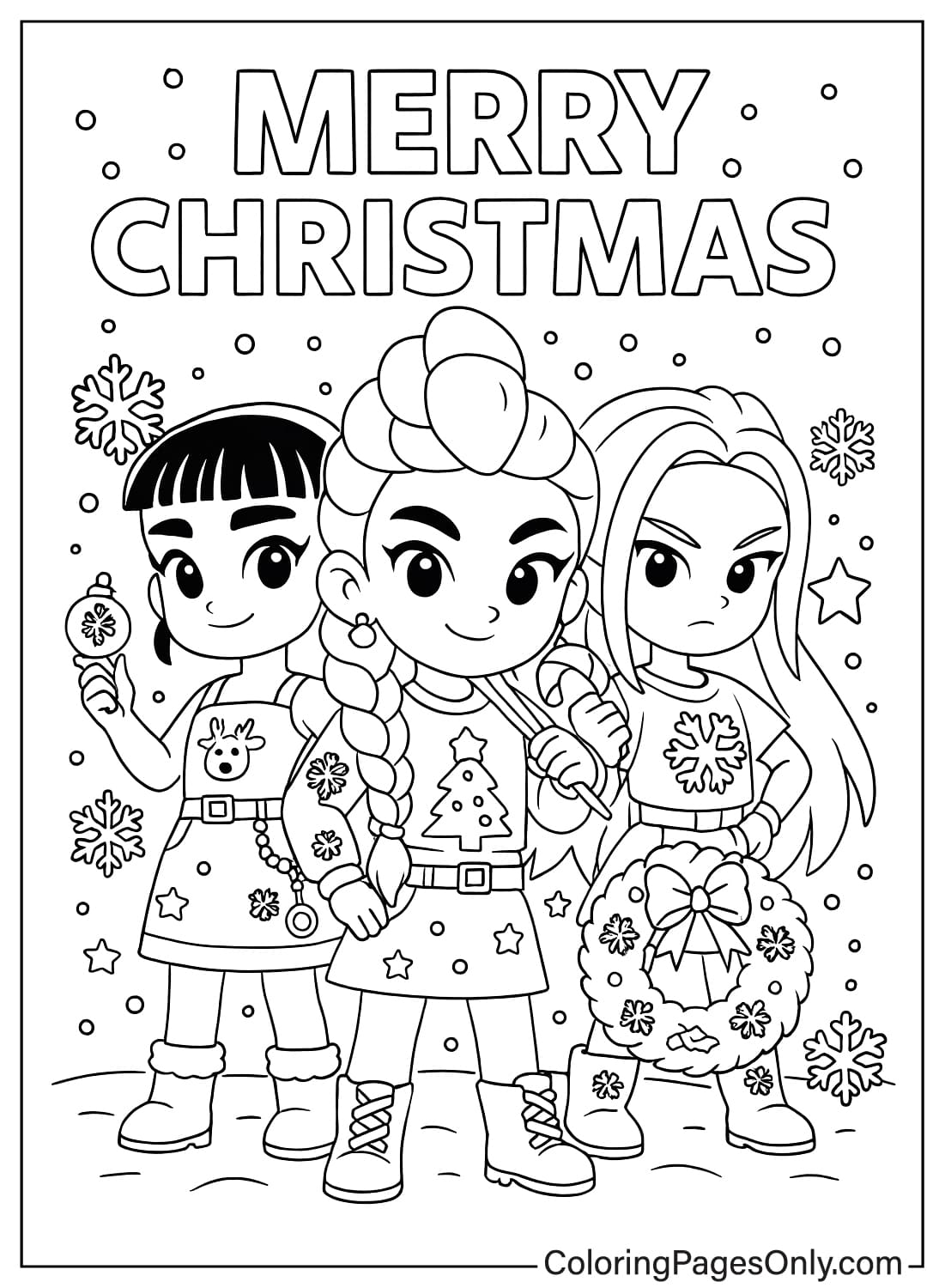 KPop Demon Hunters Christmas group coloring page with three chibi characters from Kpop Demon Hunters