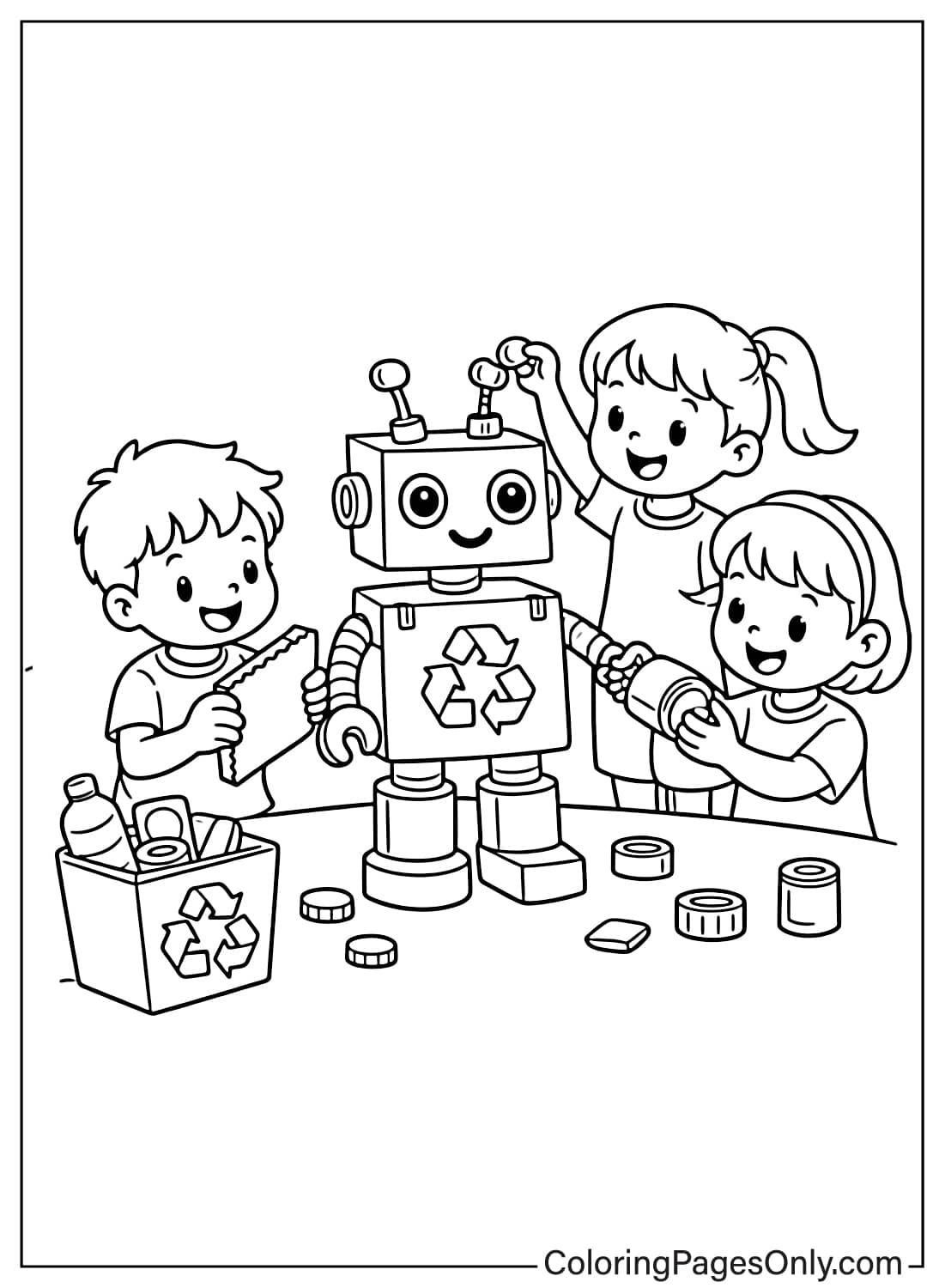 Children making a robot toy from recycled materials bottles and caps coloring page from Recycling