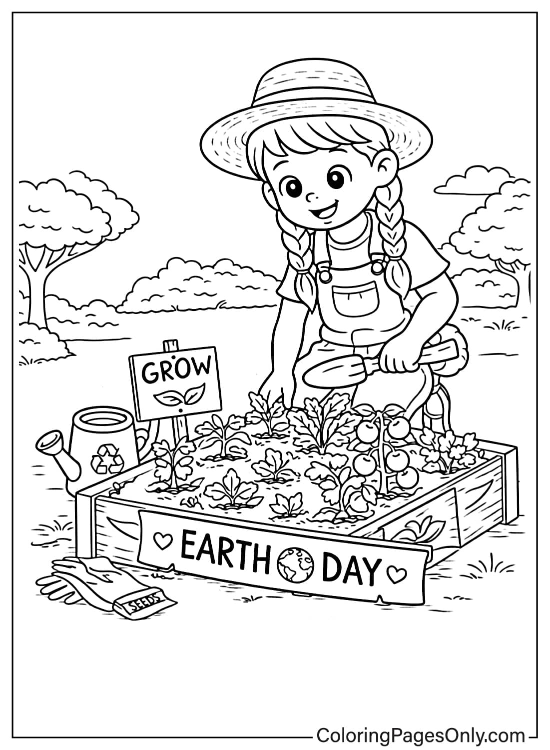 girl planting vegetables in earth day garden coloring page from Earth Day