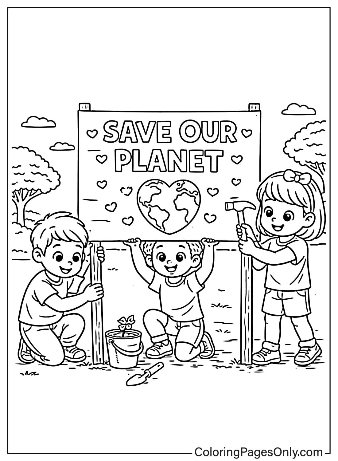 children holding save our planet sign earth day coloring page from Earth Day