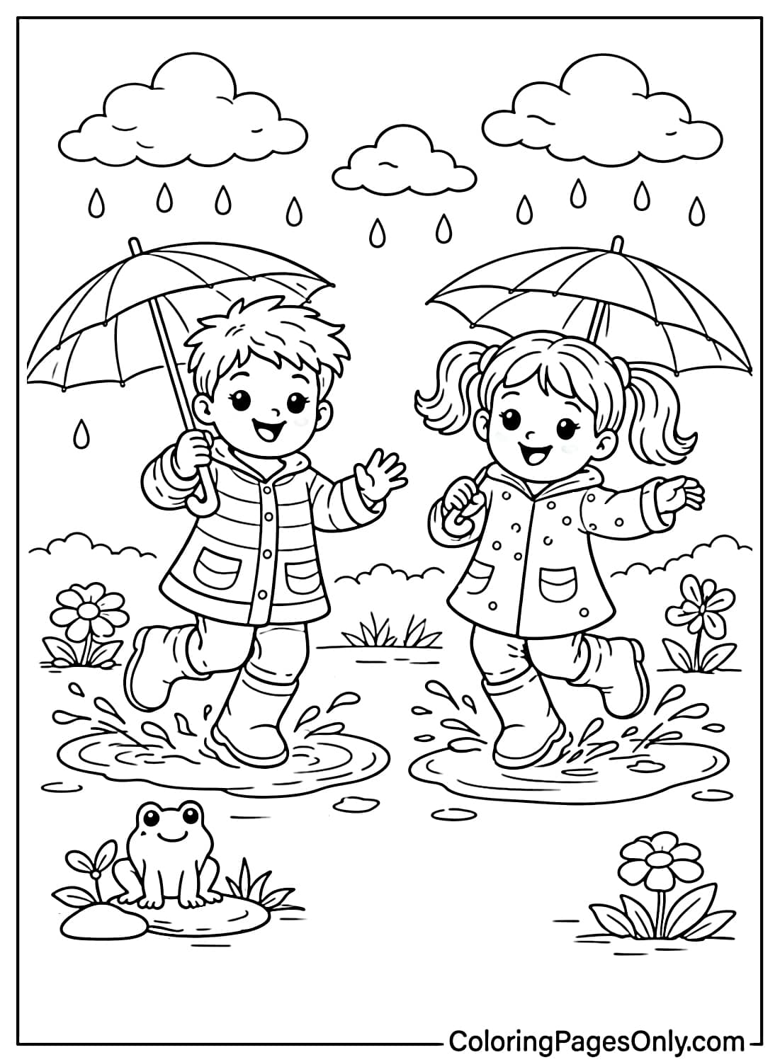 Happy kids jumping in rain puddles with umbrellas during April spring rain coloring page from April 2026