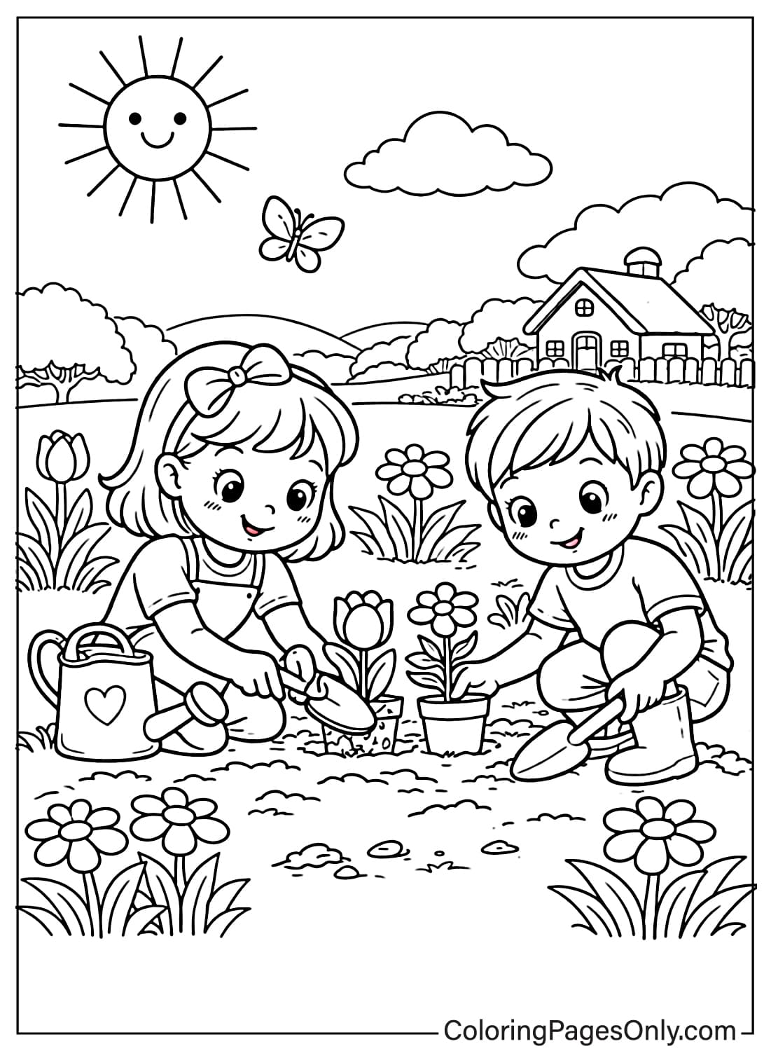 Spring Coloring Pages Kids Planting Flowers In Garden from Spring
