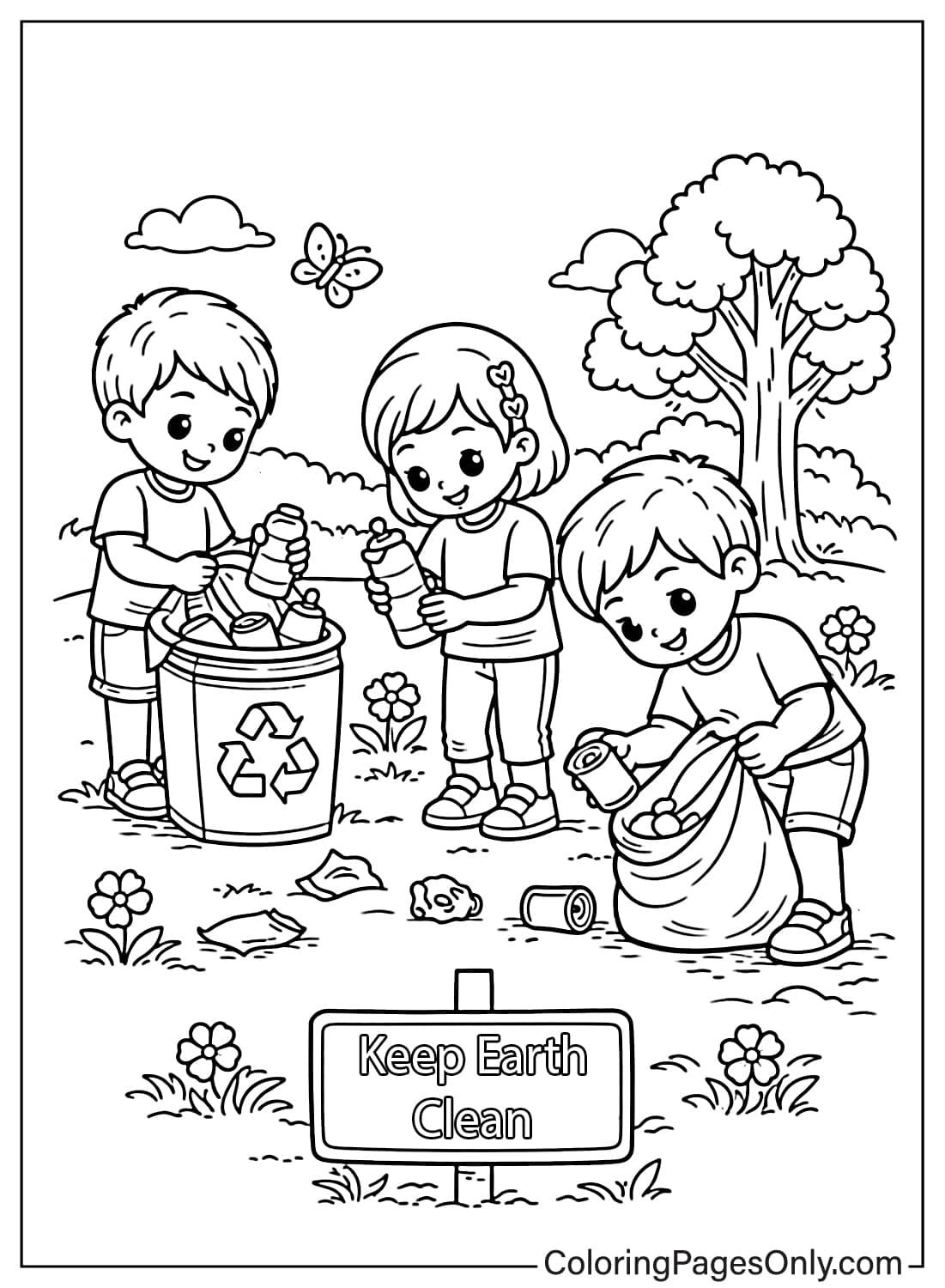 children recycling bottles keep earth clean coloring page from Earth Day