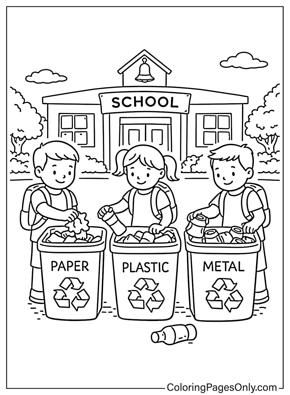 School children sorting recycling into paper plastic and metal bins coloring page from Recycling