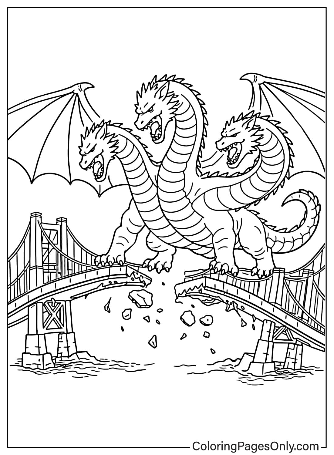 King Ghidorah destroying bridge with claws coloring page from King Ghidorah