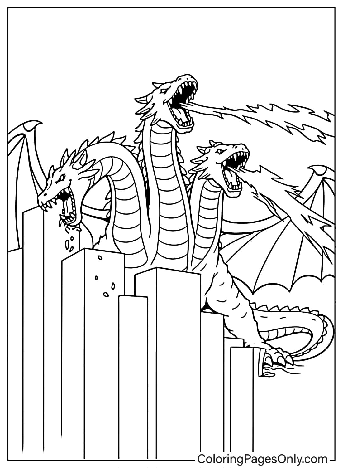King Ghidorah attacking city buildings coloring page from King Ghidorah