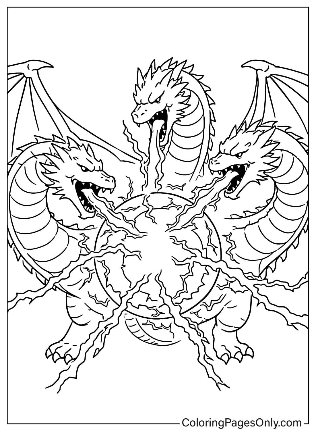 King Ghidorah creating lightning energy sphere coloring page from King Ghidorah