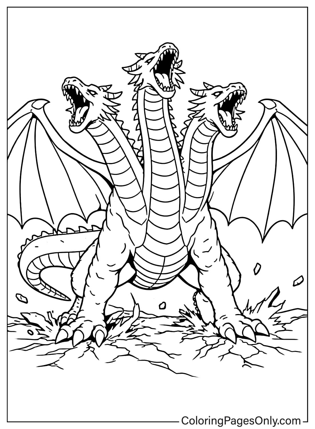 King Ghidorah roaring with wings spread coloring page from King Ghidorah