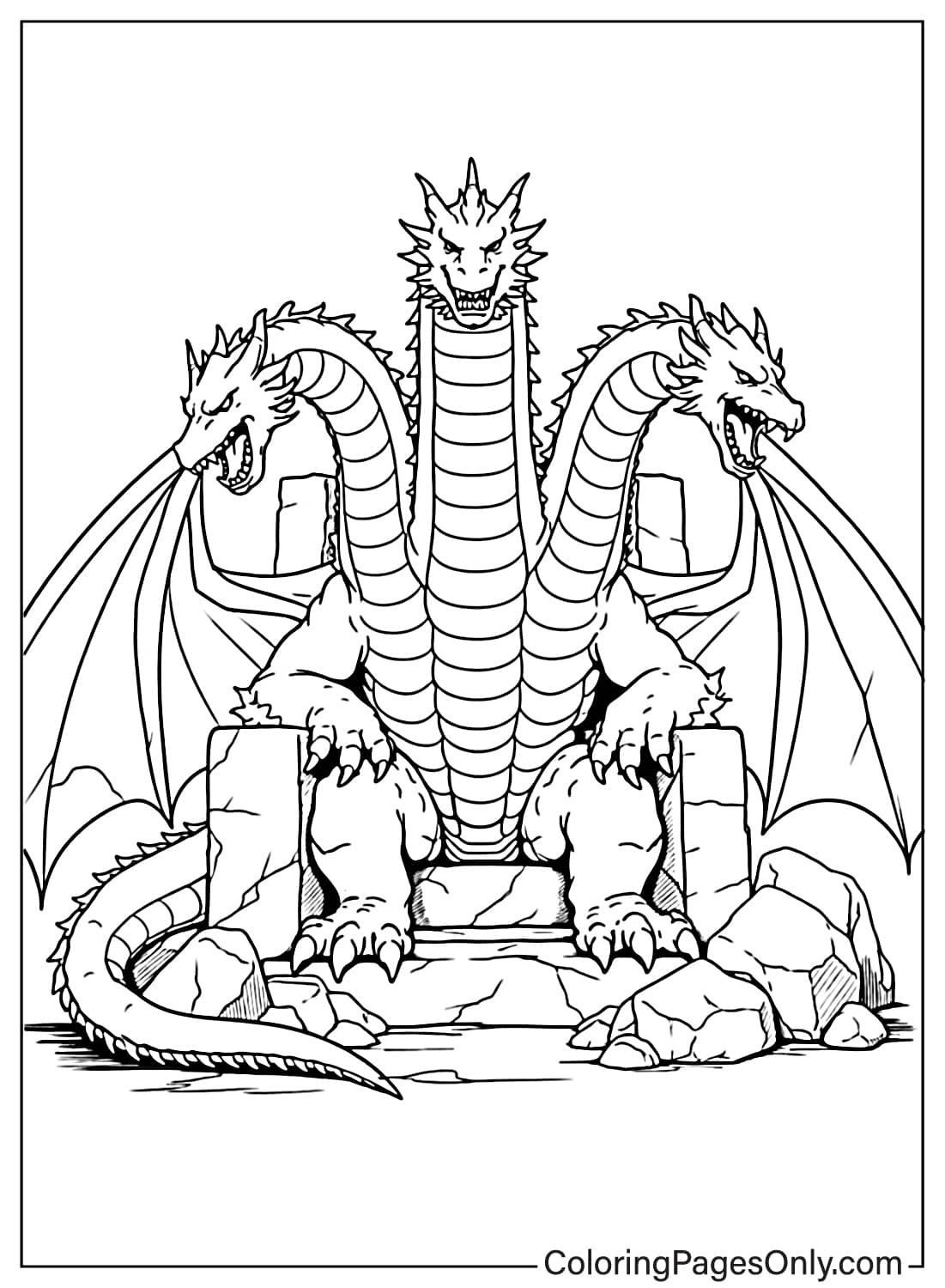 King Ghidorah sitting on stone throne coloring page from King Ghidorah