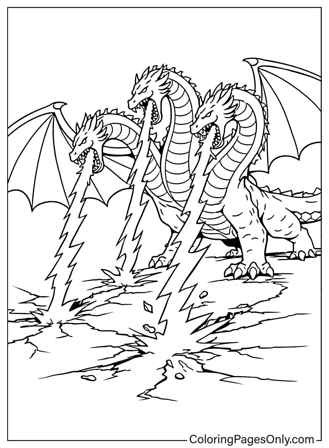King Ghidorah shooting lightning beams at ground coloring page from King Ghidorah