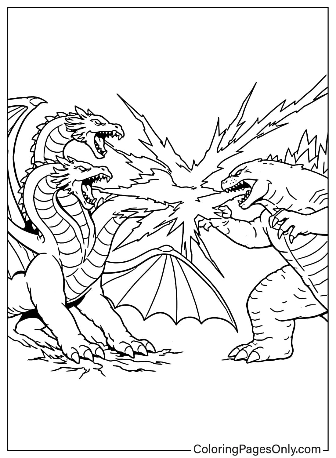 King Ghidorah fighting Godzilla epic clash coloring page from King Ghidorah