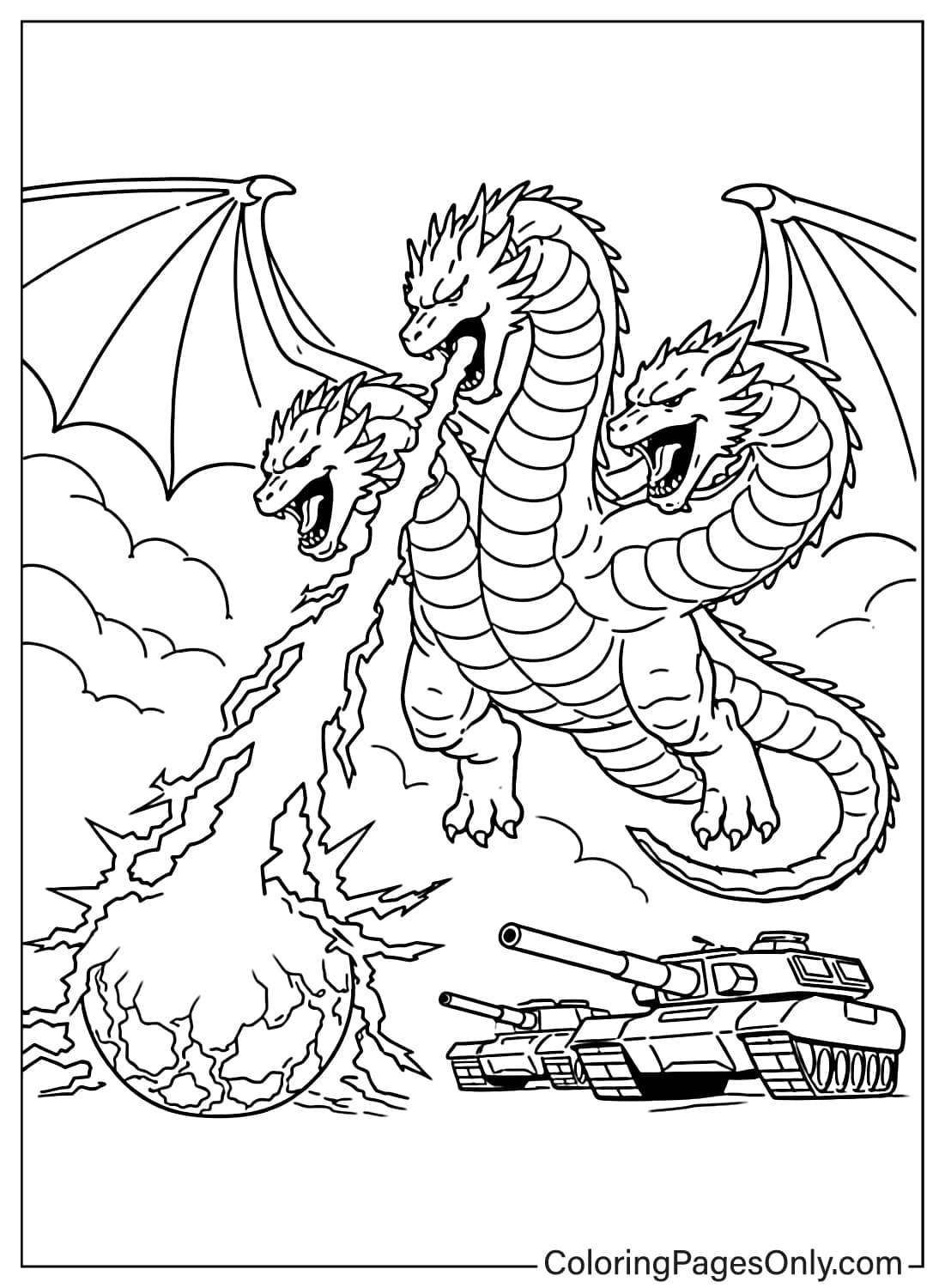 King Ghidorah attacking army tanks with lightning coloring page from King Ghidorah